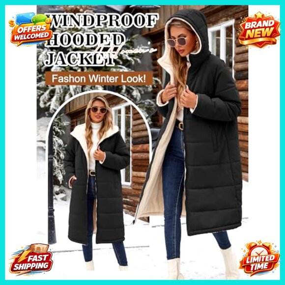 Long Quilted Puffer Jacket Reversible Sherpa Fleece Lined Hooded Winter Coat - Picture 4 of 7